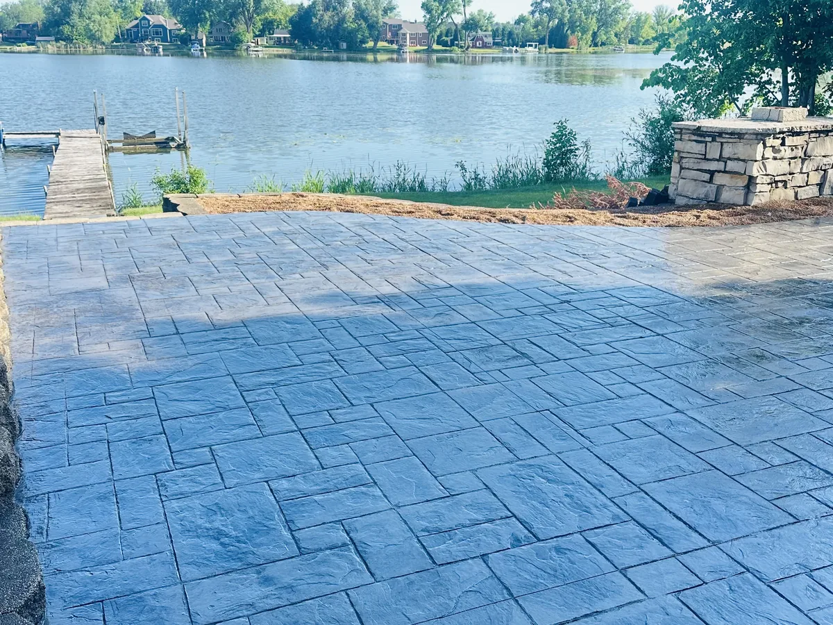 Gray blue stamped concrete patio